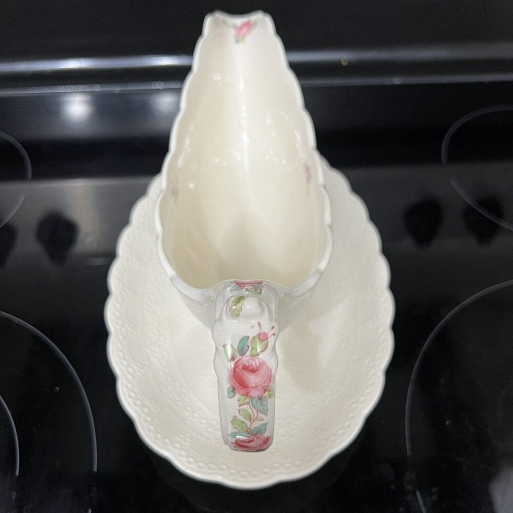 Antique Spode Jewel China BILLINGSLEY ROSE Gravy Boat w/ Underplate - Picture 6 of 11